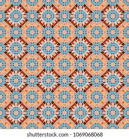 Vector seamless pattern in style of patchwork in orange, blue and gray colors. Each square of the pattern is also seamless backgrounds.