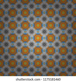Vector seamless pattern in style of patchwork in gray, yellow and blue colors. Each square of the pattern is also seamless backgrounds.