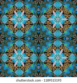 Vector seamless pattern in style of patchwork in blue, black and green colors. Each square of the pattern is also seamless backgrounds.