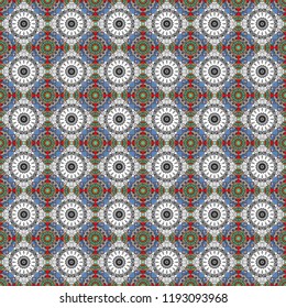 Vector seamless pattern in style of patchwork in white, gray and blue colors. Each square of the pattern is also seamless backgrounds.