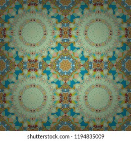 Vector seamless pattern in style of patchwork in yellow, blue and green colors. Each square of the pattern is also seamless backgrounds.