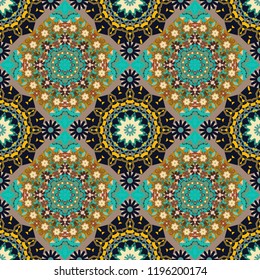 Vector seamless pattern in style of patchwork in black, brown and blue colors. Each square of the pattern is also seamless backgrounds.