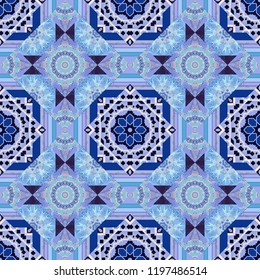 Vector seamless pattern in style of patchwork in blue, neutral and gray colors. Each square of the pattern is also seamless backgrounds.