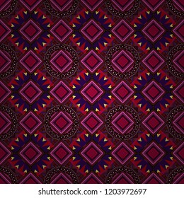 Vector seamless pattern in style of patchwork in brown, red and blue colors.