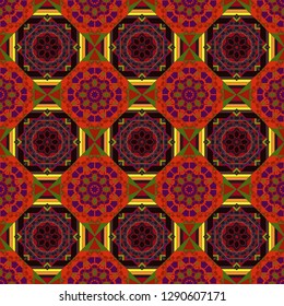 Vector seamless pattern in style of patchwork in black, orange and red colors. Each square of the pattern is also seamless backgrounds.