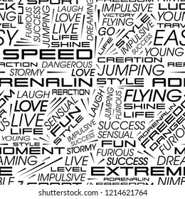 Vector seamless pattern in the style of racing cars with the words speed, extreme, flying, adrenaline and others