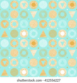 Vector seamless pattern. Styled Endless texture. Repeating geometric tiles with circles, triangles, rhombuses, squares, blots, spirals, lines, dots... Christmas and floral design. Hand drawn elements.