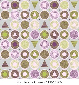 Vector seamless pattern. Styled Endless texture. Repeating geometric tiles with circles, triangles, rhombuses, squares, blots, spirals, lines, dots... Christmas and floral design. Hand drawn elements.
