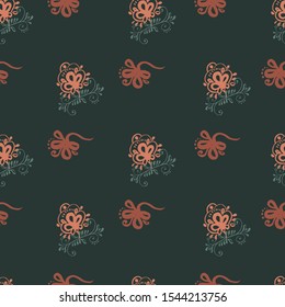Vector seamless pattern with stylised floral ornament on dark green background. Motif floral .Abstract illustration for fashion, textile, fabric, wallpaper design. Vintage. Green, coral, brown colors