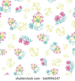 Vector seamless pattern with stylised floral ornament on white background. Motif floral .Abstract illustration for fashion, textile, fabric, wallpaper design. Vintage. Lemon yellow , pink, blue colors