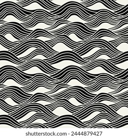 Vector seamless pattern. Stylised linear ocean waves. Hand drawn graphic sea waves. Tileable monochrome swatch. Wavy graphical surface design.