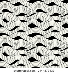 Vector seamless pattern. Stylised linear ocean waves. Hand drawn graphic sea waves. Tileable monochrome swatch. Wavy graphical surface design.