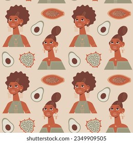 Vector seamless pattern with stylish african women and exotic tropical fruits. Beautiful girl portrait and healthy food texture.