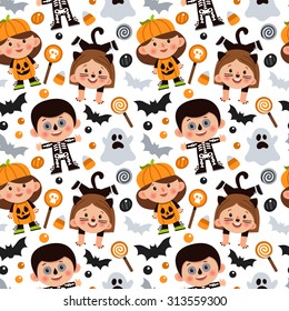 Vector seamless pattern with stylish cartoon characters for Halloween. Bright and cartoon pattern with pumpkins, sweets and change in scary costumes kids