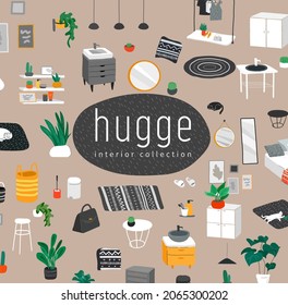 Vector seamless pattern with stylish comfy furniture and modern home decorations in trendy Scandinavian or hygge style. Cozy Interior furnished home plants for sleeping. Flat vector
