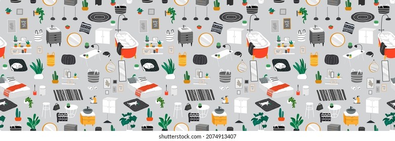 Vector seamless pattern with stylish comfy furniture and modern home decorations in trendy Scandinavian or hygge style. Cozy Interior furnished home plants for sleeping. Flat vector