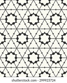 Vector seamless pattern. Stylish fabric print with geometric design. Hexagonal background with lines and stars.