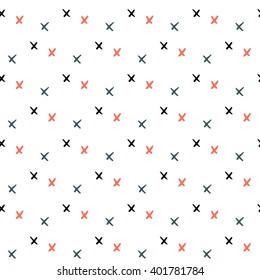 Vector seamless pattern. Stylish fabric print with embroidery. Random colored cross-stitches.