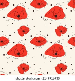 Patrón veloz. Elegante fondo floral con adornos rojos dibujados a mano y puntos negros.