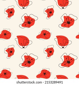 Vector seamless pattern. Stylish floral background with hand drawn red poppies.