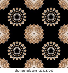 Vector seamless pattern. Stylish geometric texture. Black background and brown rounds