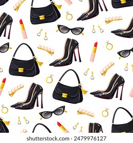 Vector seamless pattern with stylish girl's things includes golden jewelries, lipstick,fashionable sunglasses and black classic high heel shoes.