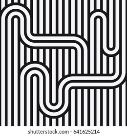 Vector seamless pattern. Stylish graphic texture. Endless striped monochrome background with winding elements.