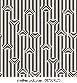 Vector seamless pattern. Stylish graphic texture. Endless striped monochrome background with winding elements.