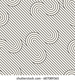 Vector seamless pattern. Stylish graphic texture. Endless striped monochrome background with winding elements.