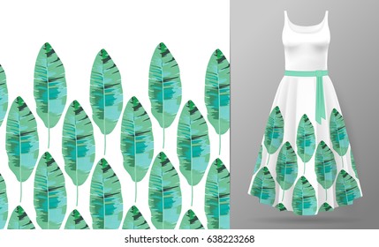 Vector seamless pattern with stylish green big leaf ornament on white background, hand drawn texture for clothes, bedclothes, invitation, card design etc. Women's dress mock up