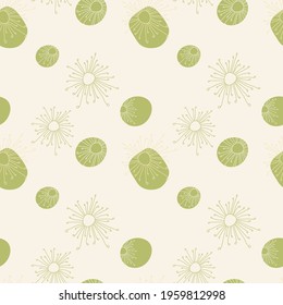 Vector seamless pattern. Stylish illustration with hand drawn green abstract organic shape and dot. Texture in pastel colors.