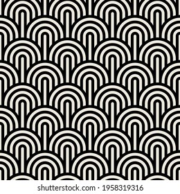 Vector seamless pattern. Stylish linear ornament. Geometric striped background with arches. Regular monochrome texture. Bold grid from concentric semicircles.