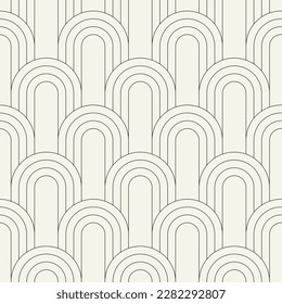 Vector seamless pattern. Stylish linear ornament. Geometric striped background with arches. Art deco 
 thin monochrome swatch. Tileable print with a rounded grid.