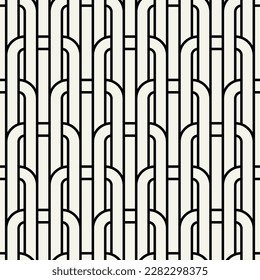 Vector seamless pattern. Stylish linear ornament. Geometric background with arches. Regular monochrome texture. Art deco tileable swatch.