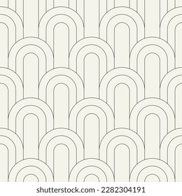 Vector seamless pattern. Stylish linear ornament. Geometric striped background with arches. Art deco 
 thin monochrome swatch. Tileable print with a rounded grid.