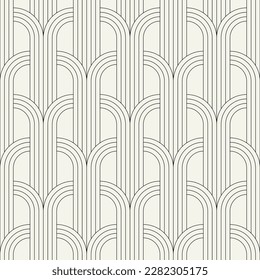 Vector seamless pattern. Stylish linear ornament. Geometric striped background with arches. Art deco 
 thin monochrome swatch. Tileable print with a rounded grid.