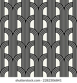 Vector seamless pattern. Stylish linear ornament. Geometric background with arches. Regular monochrome texture. Art deco tileable swatch.