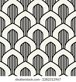 Vector seamless pattern. Stylish linear ornament. Geometric background with arches. Regular monochrome texture. Art deco tileable swatch.