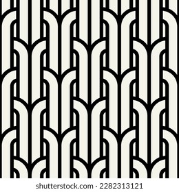 Vector seamless pattern. Stylish linear ornament. Geometric background with arches. Regular monochrome texture. Art deco tileable swatch.
