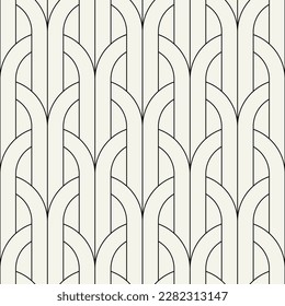 Vector seamless pattern. Stylish linear ornament. Geometric striped background with arches. Art deco 
 thin monochrome swatch. Tileable print with a rounded grid.