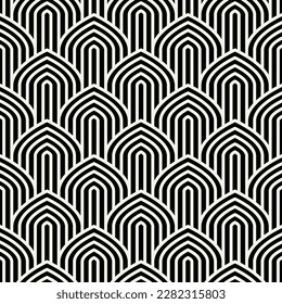 Vector seamless pattern. Stylish linear ornament. Geometric background with arches. Regular monochrome texture. Art deco tileable swatch.