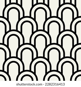 Vector seamless pattern. Stylish linear ornament. Geometric background with arches. Regular monochrome texture. Art deco tileable swatch.
