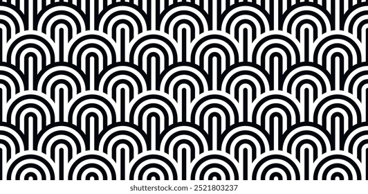 Vector seamless pattern. Stylish linear ornament. Geometric striped background with arches. Art deco thin monochrome swatch. Tileable print with a rounded grid.
