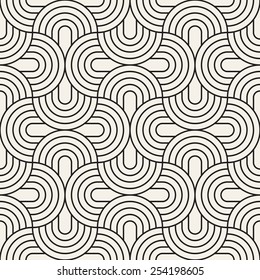 Vector seamless pattern. Stylish linear ornament. Geometric striped background with arches. Regular monochrome texture. Grid from concentric semicircles