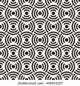 Vector seamless pattern. Stylish linear ornament. Geometric striped background with arches. Regular monochrome texture. Grid from concentric semicircles.