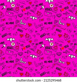 Vector seamless pattern, with stylish love symbols and word