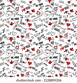 Vector seamless pattern, with stylish love symbols and word