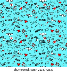 Vector seamless pattern, with stylish love symbols and word