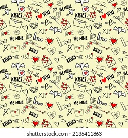 Vector seamless pattern, with stylish love symbols and word