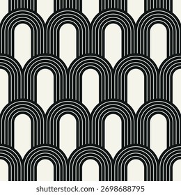Vector seamless pattern. Stylish modern geometric ornament. Geometric striped background with arches. Art deco thin monochrome swatch. Tileable print with linear weaving arches.